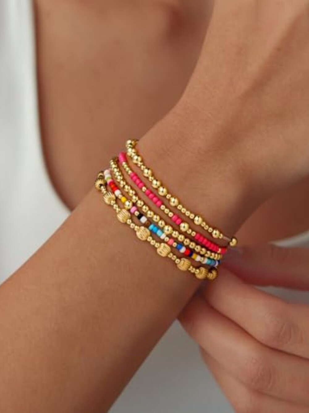 Gold Beaded Bracelets for Women Teen Girls -14K Gold Plated Stackable